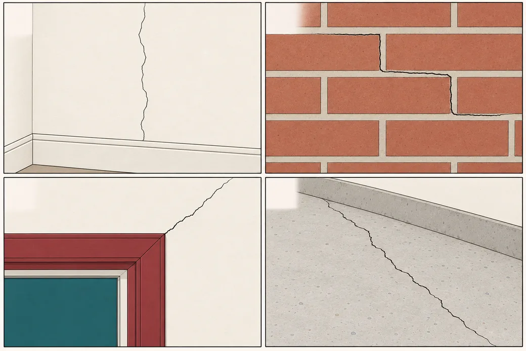 Drawing in four panels: a fine crack in a painted wall, a crack stepping through brick mortar, a crack rising from the corner of a window frame, and an uneven crack across a concrete floor