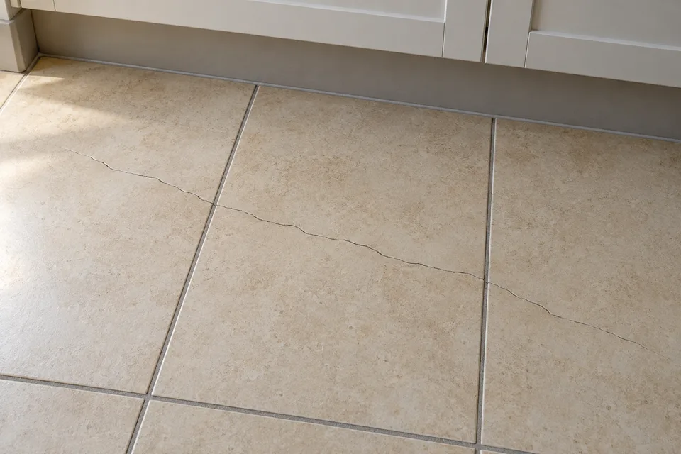 Thin crack running across three beige floor tiles and the grout lines between them, in front of kitchen cabinets