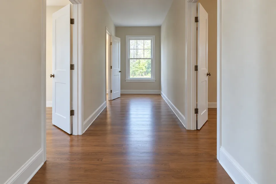 Empty hallway with a wood floor, white baseboards and three open doors leading to a window