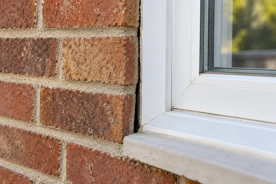 Narrow gap between red brick and the side of a white window frame, widest near the sill
