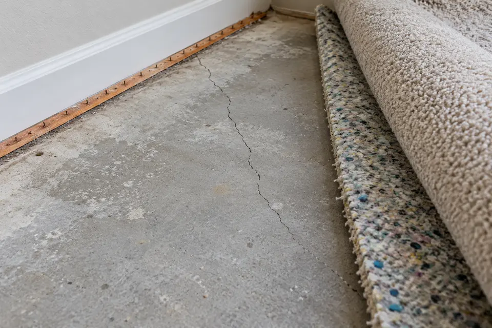 Thin crack across a bare concrete floor beside rolled-back carpet and padding, with a tack strip along the baseboard