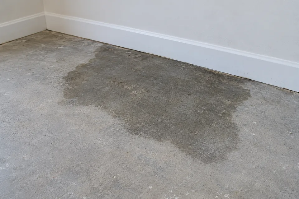 Darker damp patch spreading across a bare concrete floor from the base of a wall