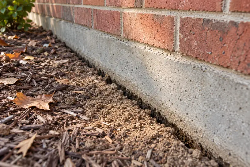 Dry, light brown soil pulled back from a concrete slab edge under a brick wall, leaving a narrow gap